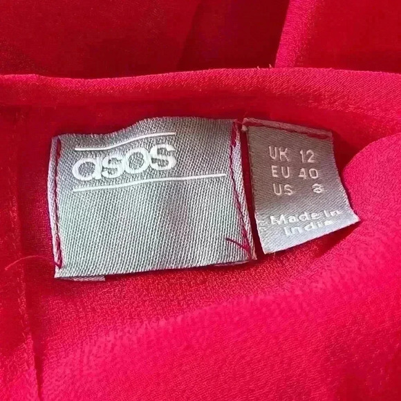 ASOS Red Embroidered Sheer Sleeve Mini Dress Elastic Waist Keyhole Back Size 8 - Picture 8 of 10